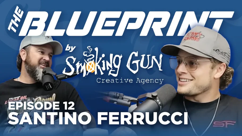 Podcast thumbnail for The Blueprint, including host Brandon Adams and guest Santino Ferrucci
