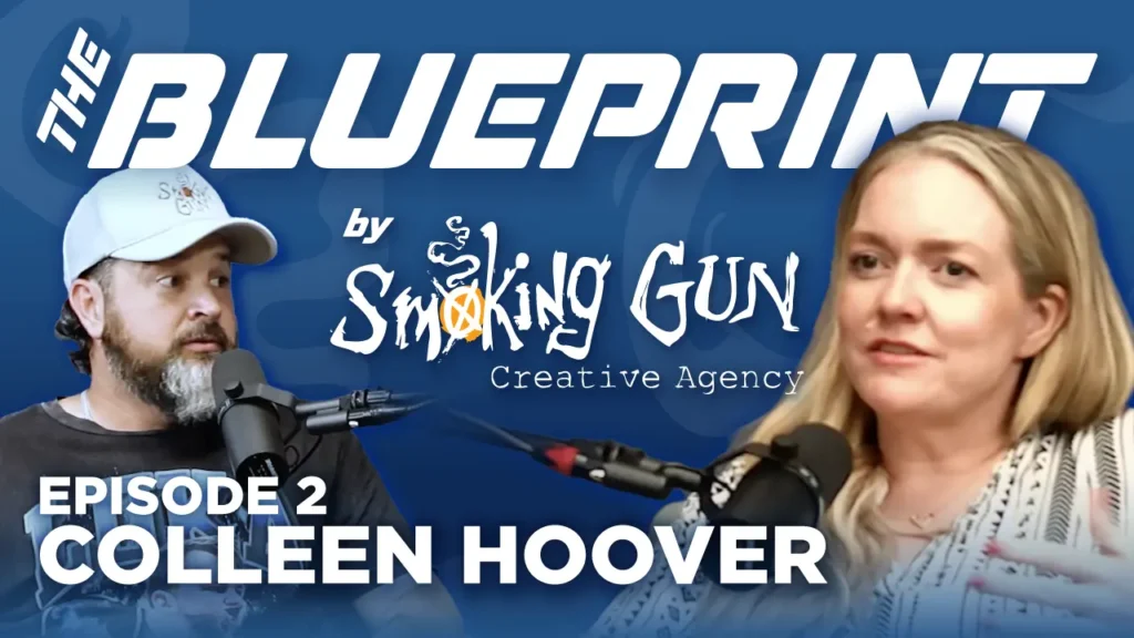 Podcast thumbnail for The Blueprint, including host Brandon Adams and guest Colleen Hoover