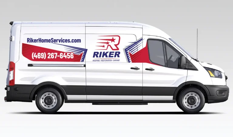 Riker Home Services transit van with a full side wrap in red, white, and blue, featuring bold graphics and company branding.