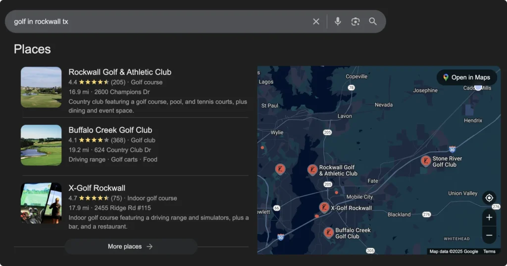 Screenshot of a Google Maps Local Pack showing golf businesses in Rockwall, Texas, including their ratings, addresses, and a map preview on the right.